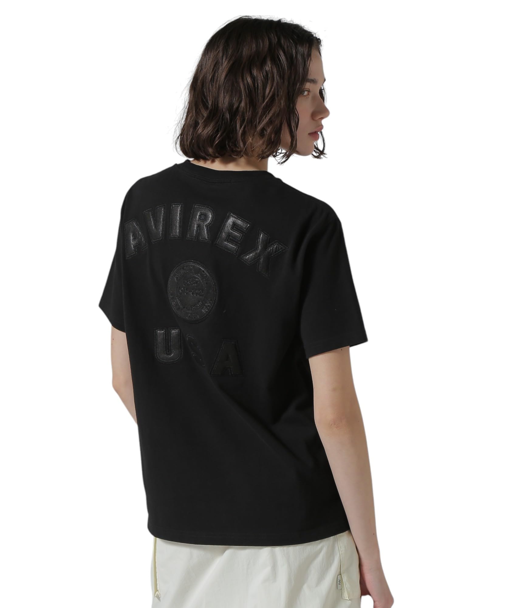 AVIREX 50-летие КОЖАНЫЙ ПАТЧЕНЫЙ VARSITY T-SHIRT Женский F 010 черный 783-5135607