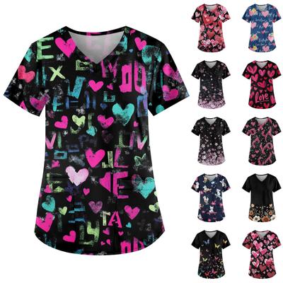 Camisetas de uniforme de trabajo estampadas de talla grande para mujer, camisetas divertidas de manga corta con cuello en V, ropa de trabajo, camiseta con bolsillos