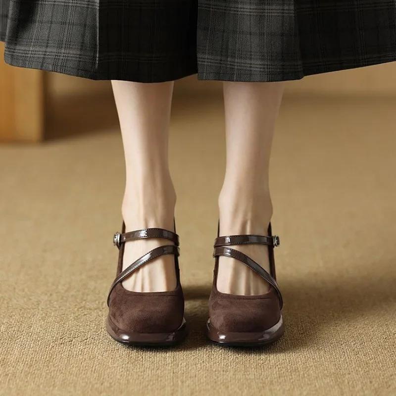 Comfortable Retro French High Heels Women's Chunky Mary Jane Shoes Spring New All-Match Square Head Single Shoes Rubber Sole