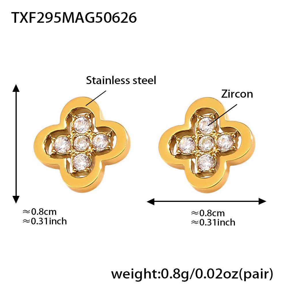 Qiong Yao 18K Gold Plated Four-Leaf Clover Zirconia Stud Earrings & Necklace Set