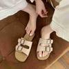 Summer Versatile Flat-bottomed Belt Buckle One-word Slippers for Women To Wear Casual Beach Cool Slippers