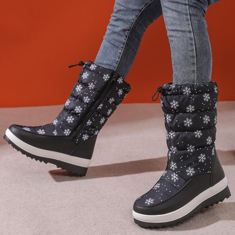Snow Boots Women's Winter New Large Size Color Matching Side Zipper Piled Thickened Medium Tube Women's Cotton Shoes