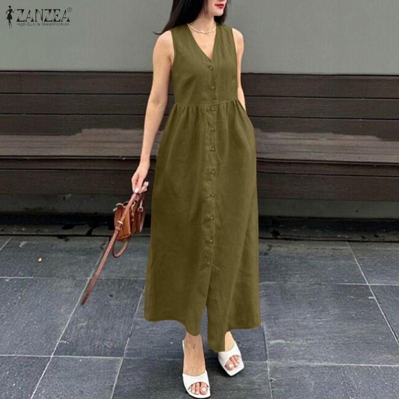 ZANZEA Women Casual V-Neck Summer Sleeveless Dress