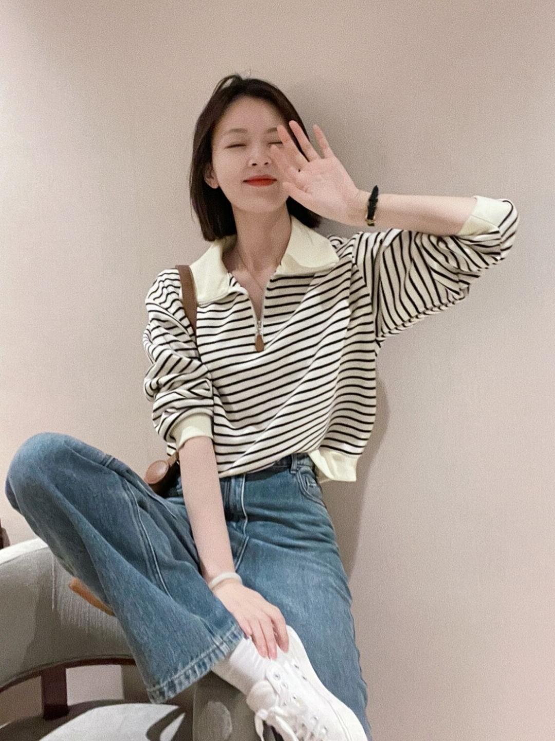 Полосатый свитер весна новый женский свитер базовая рубашка дизайн отложной воротник оло свободный и тонкий S