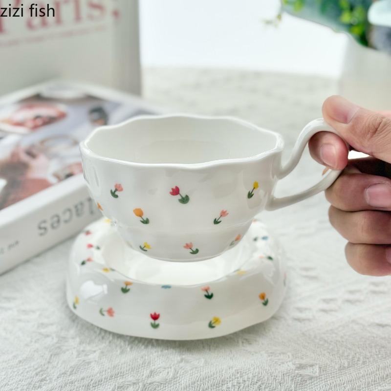 Irregular Ceramic Coffee Cups and Plates Flower Patterned Water Cup Afternoon Tea Mug Breakfast Cup Milk Mug Milk Tea Cups