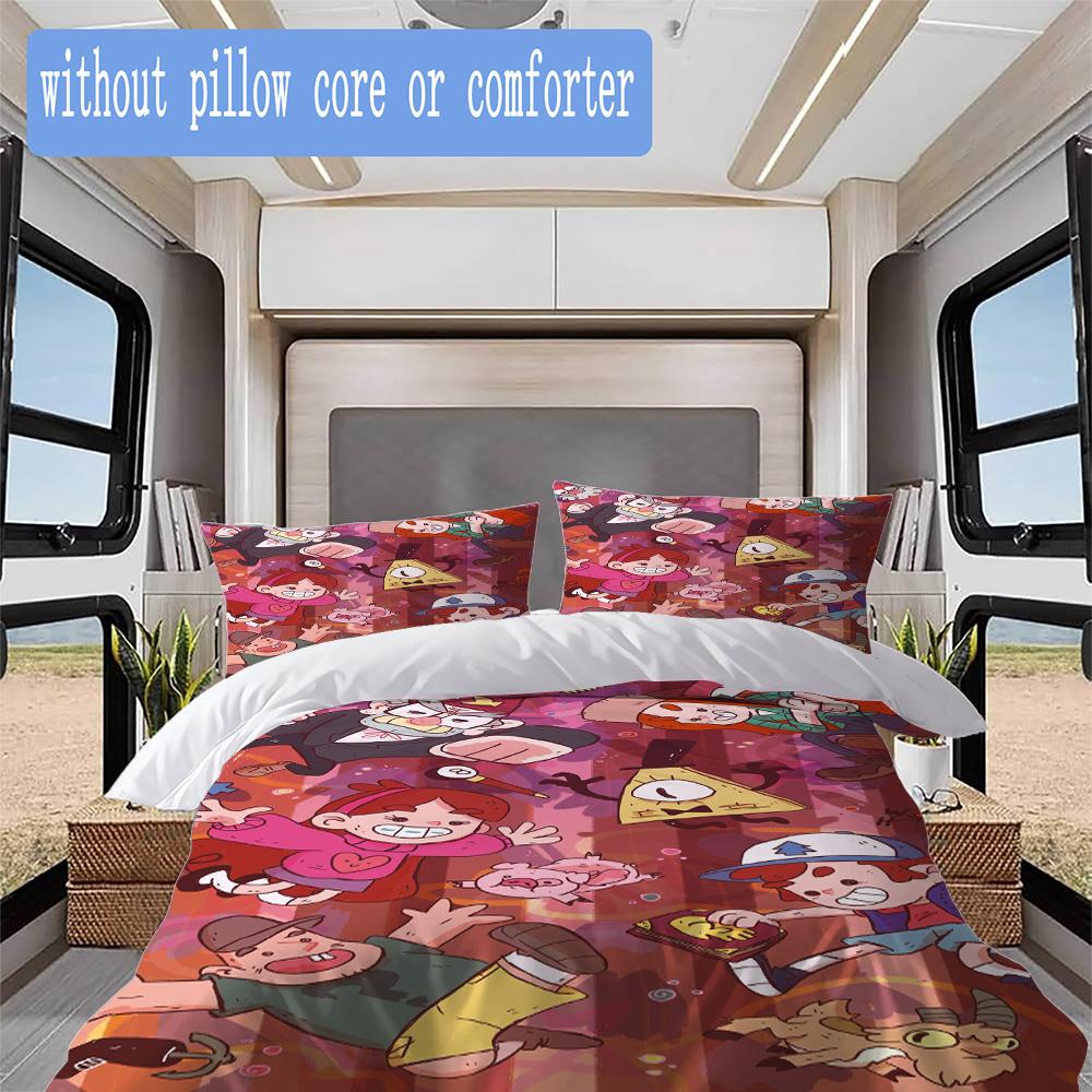 Ropa de cama con estampado de dibujos animados de Gravity Falls, Juego de colcha, Funda de colcha, Funda de almohada, Regalo de cumpleaños para el hogar (1*funda de edredón+2*fundas de almohada,sin relleno)XSJT0917563