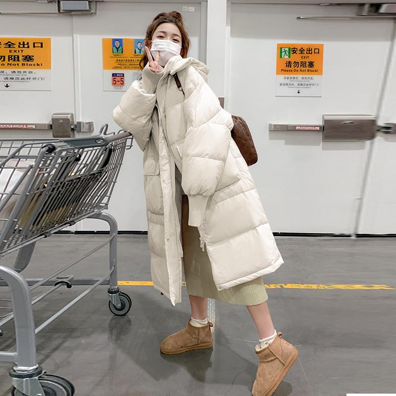 Damen Lange Leichte Daunenjacke Herbst Winter Kapuze Locker Gerade Weiß Entendaunenmantel Stehkragen Große Tasche Einfarbig