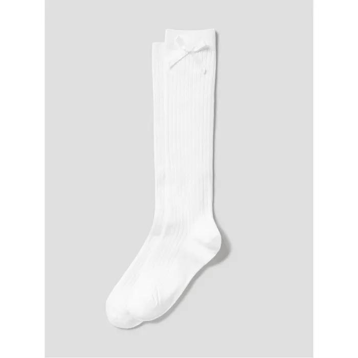 [8 Seconds] Wide Ribbed Ribbon Knee Socks White (3562KTAMB1)