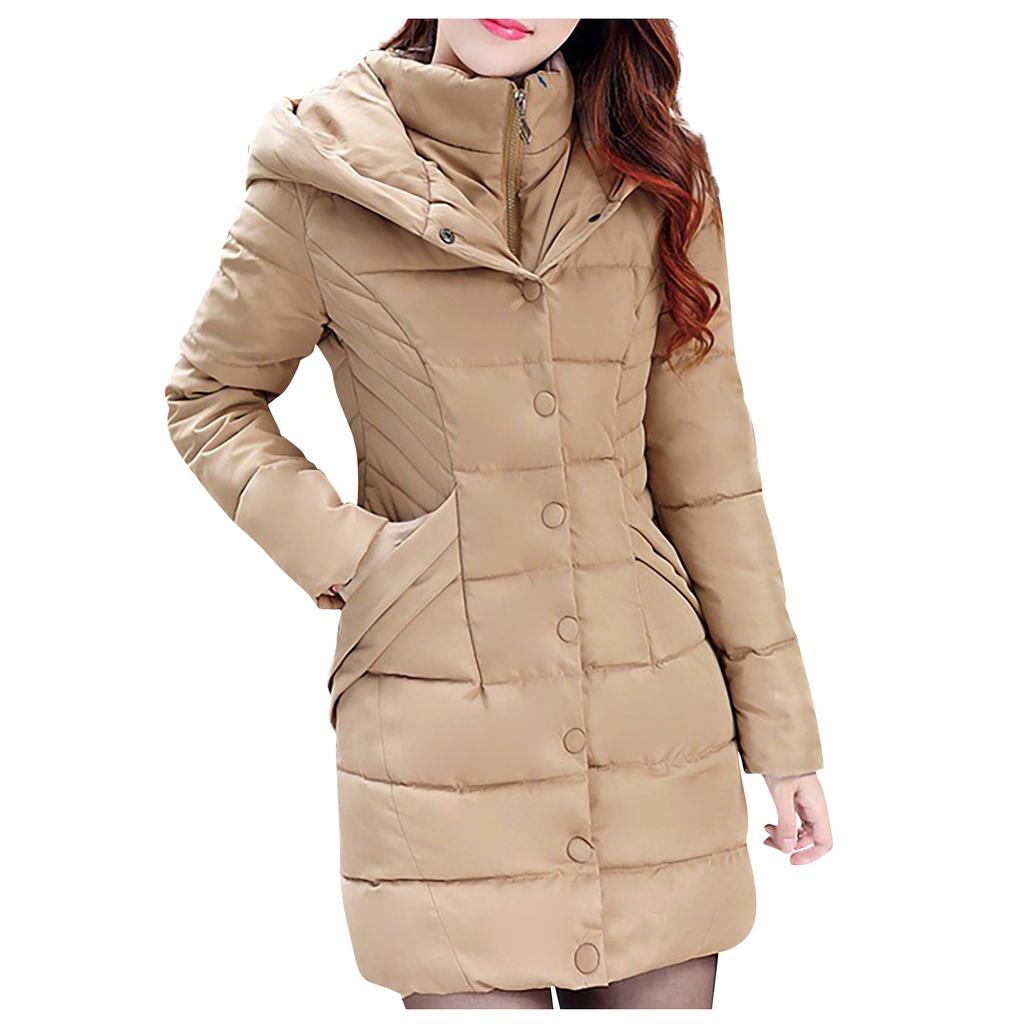 Womens Ladies Warm Plus Size Solid Color Hooded Single Breasted Medium Length Cotton Jacket Waistcoat Slim Cardigan Coat