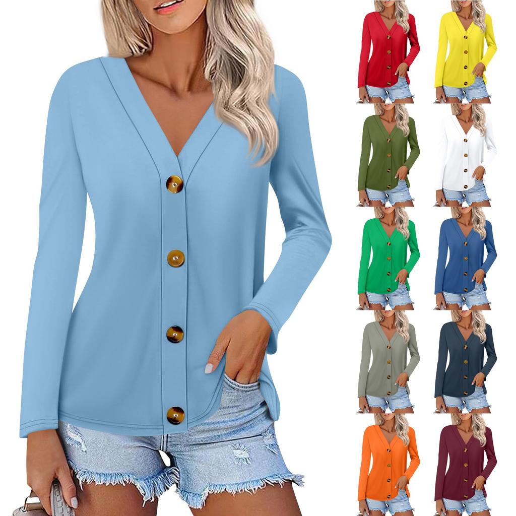 Damenmode Lässig Einfarbig Button-Down Hemd Langarm Oberteile