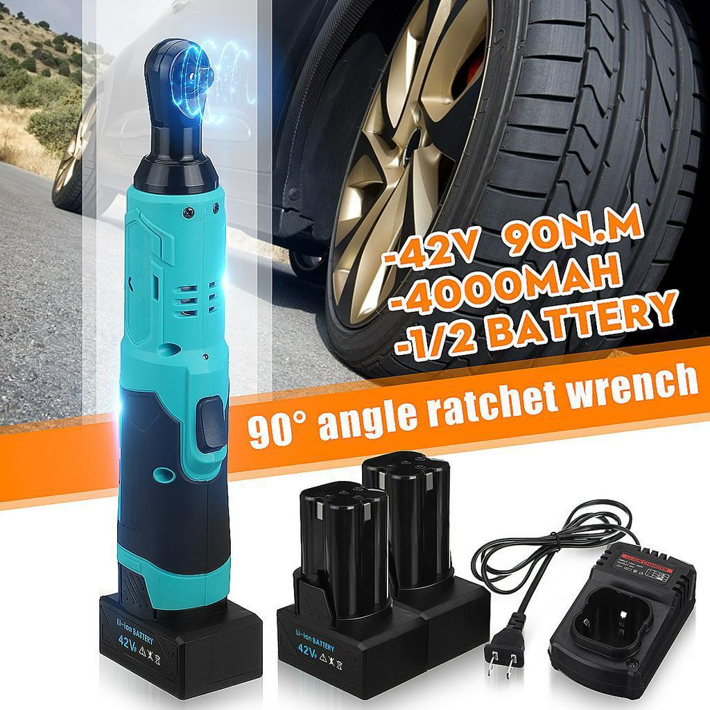 3/8" Electric Wrench Cordless Ratchet Scaffolding 90N.m Right Angle Wrench to Removal Screw Nut Car Repair Tool & 2 Battery 25V
