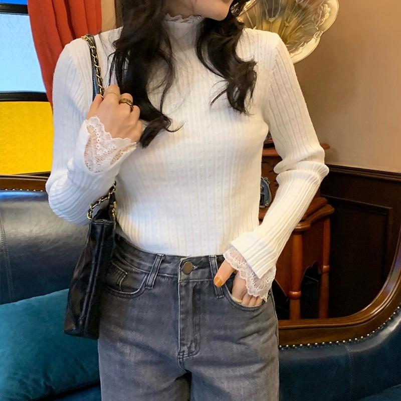 Women Lace Splicing Autumn Winter Sweater Solid Color Ruffled Stand Collar Knit Sweaters Loose Fit Casual Pullover Elegant Fashion Slim Fit Clothing