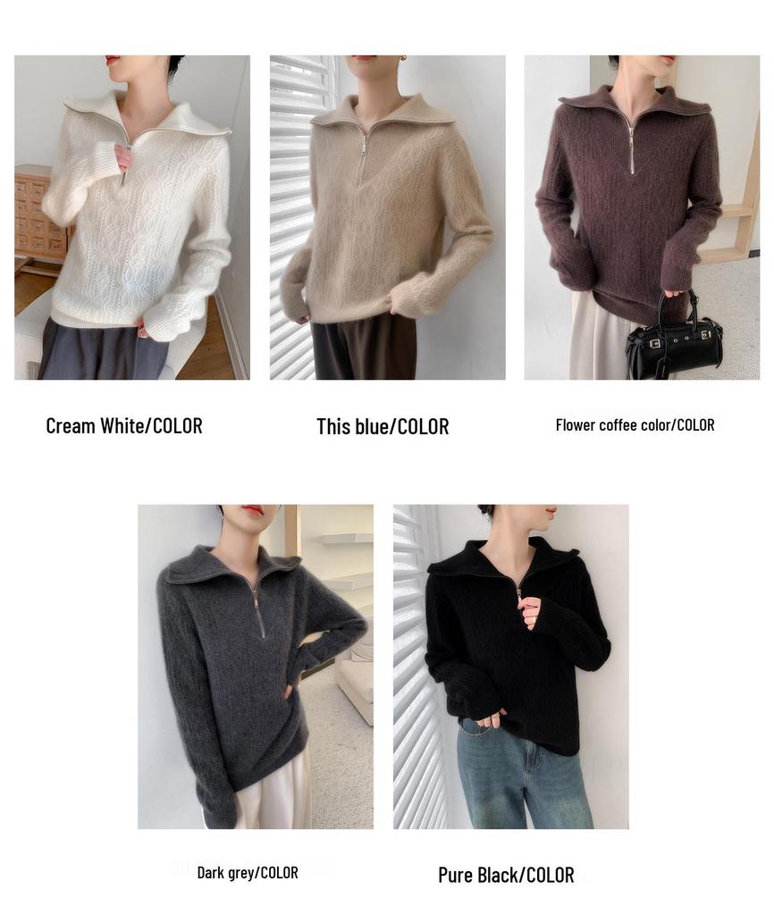 100% Wool Lapel Half-Zip Hollow Out Knitwear, Long Sleeve, Women's Thickened Base Layer for Autumn/Winter 2025