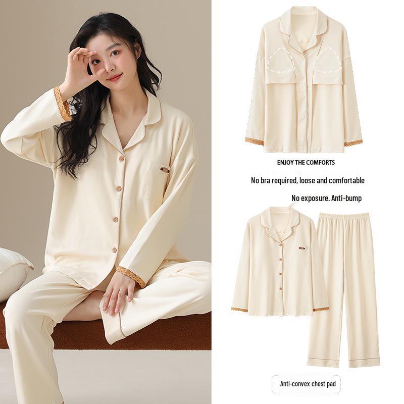 2025 Damen Cartoon Baumwolle Langarm Pyjama Set mit Brustpolster für Drinnen und Draußen - Herbst- und Winterkollektion