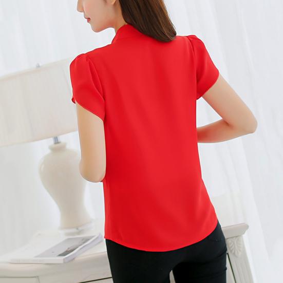 Office Lady Formal Summer Solid Color Chiffon Blouse V Neck Short Sleeve Shirt