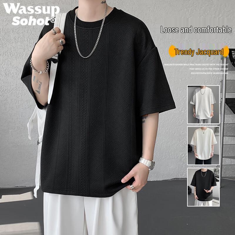Wassup Sohot Men s Loose Jacquard Short-Sleeve T-Shirt 3XL