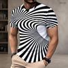 Men Plus Size Round Neck Short Sleeve T Shirt Black White Swirl Stripe Printed Pullover Straight Hem