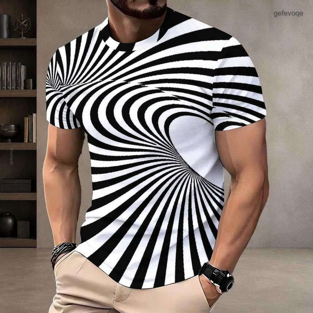 Men Plus Size Round Neck Short Sleeve T Shirt Black White Swirl Stripe Printed Pullover Straight Hem