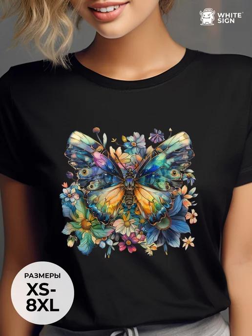 Oversized summer T-shirt: Butterfly and Flowers S