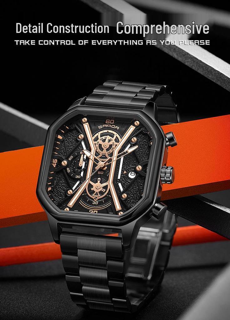 SANDA Trendy Men's Square Quartz Watch - Fashionable Multi-Function Calendar Wristwatch