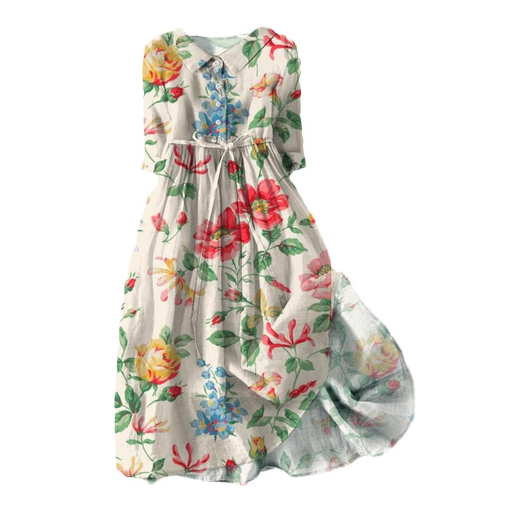 2026 Summer Trendy Lapel Dress: Cotton & Linen, Five-Point Sleeve, Long Skirt