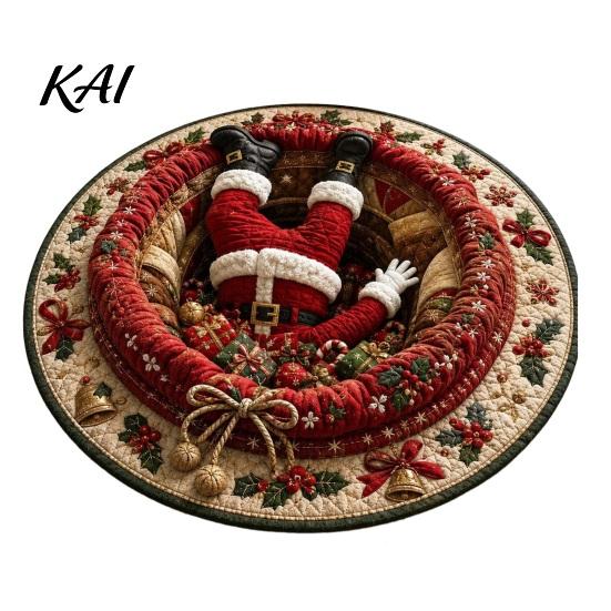 Indoor Christmas Rug 3D Round Rug, Optical Illusion Santa Claus Area 39 Holiday Decorative Inch Quilted-Like Floor Mat for Living Room Bedroom