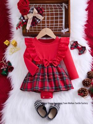 Baby Girl's Bow Ribbed Long Sleeve Romper - Spring & Autumn Triangle Onesie