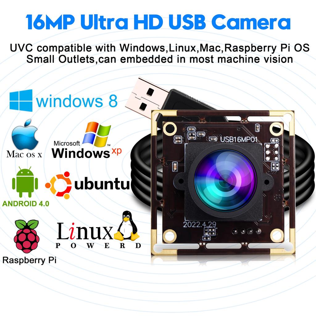 ELP 16MP USB Compact Webcam 4K Webcam UVC USB PC Video Camera for and Industrial Embedded USB Surveillance PC Lightburn Camera Camera, Wide-Angle,