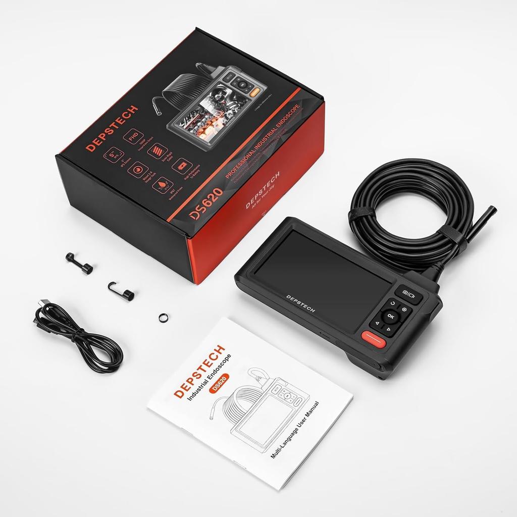 DEPSTECH Dual IPS 1080P Endoscope Slim IP67 with LED for Home Car and Plumbing 5M Cable Fiberscope, Lens, 5-inch Monitor, Camera, Microscope, 7.9mm