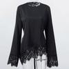 Satin Lace Patchwork Long Shirt Round Neck Slim Belted Blouse Women's Lace-up Tops  Office Ladies
