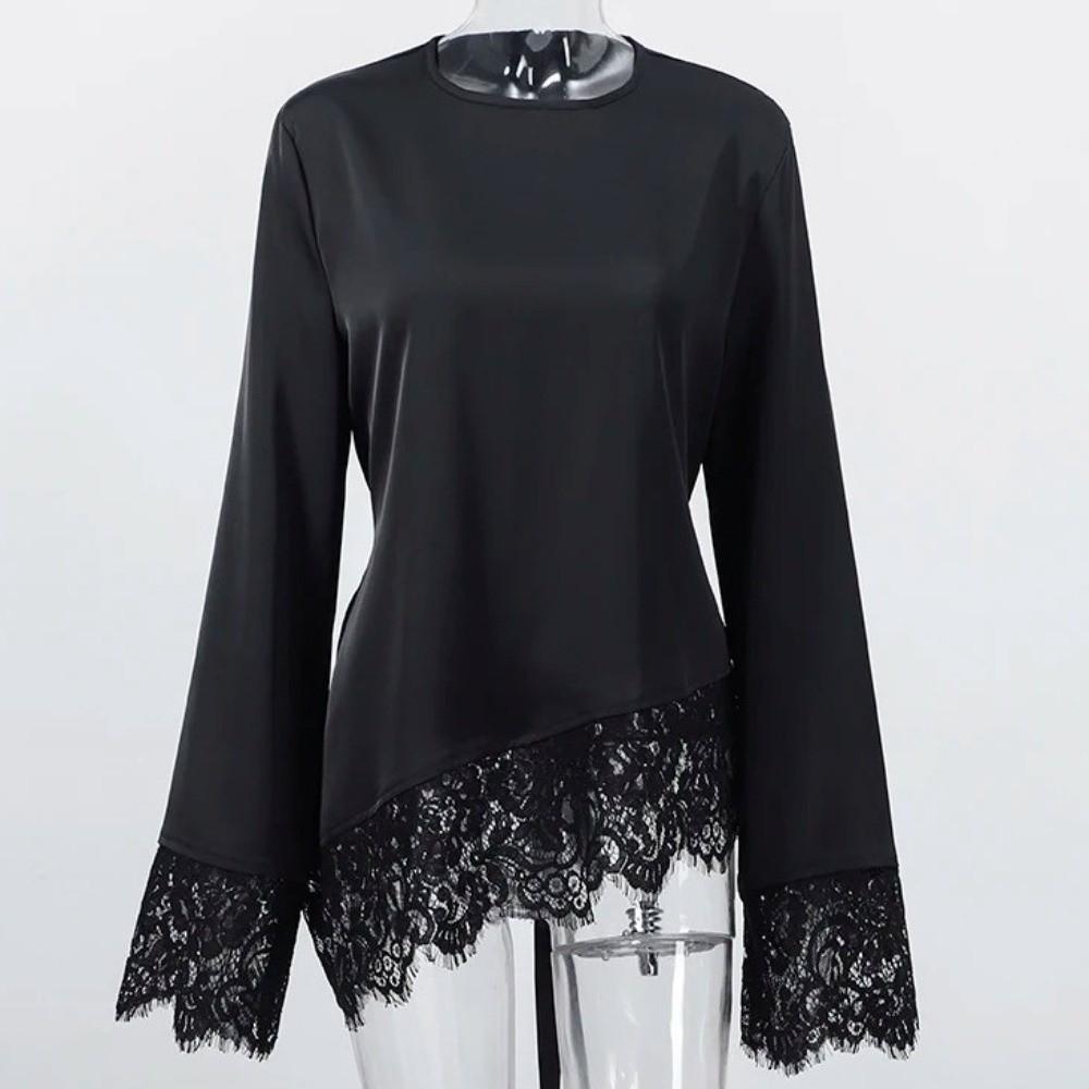 Satin Lace Patchwork Long Shirt Round Neck Slim Belted Blouse Women's Lace-up Tops  Office Ladies