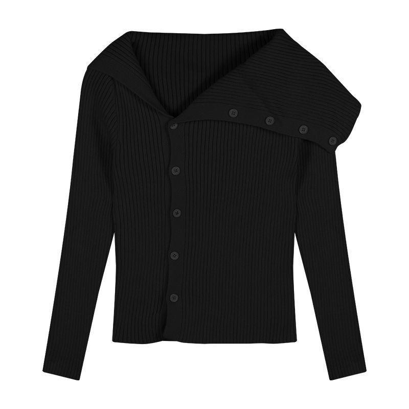 Korean Style Off-Shoulder Knit Cardigan - Women's Autumn/Winter Slim Fit Sweater with Turn-Down Collar