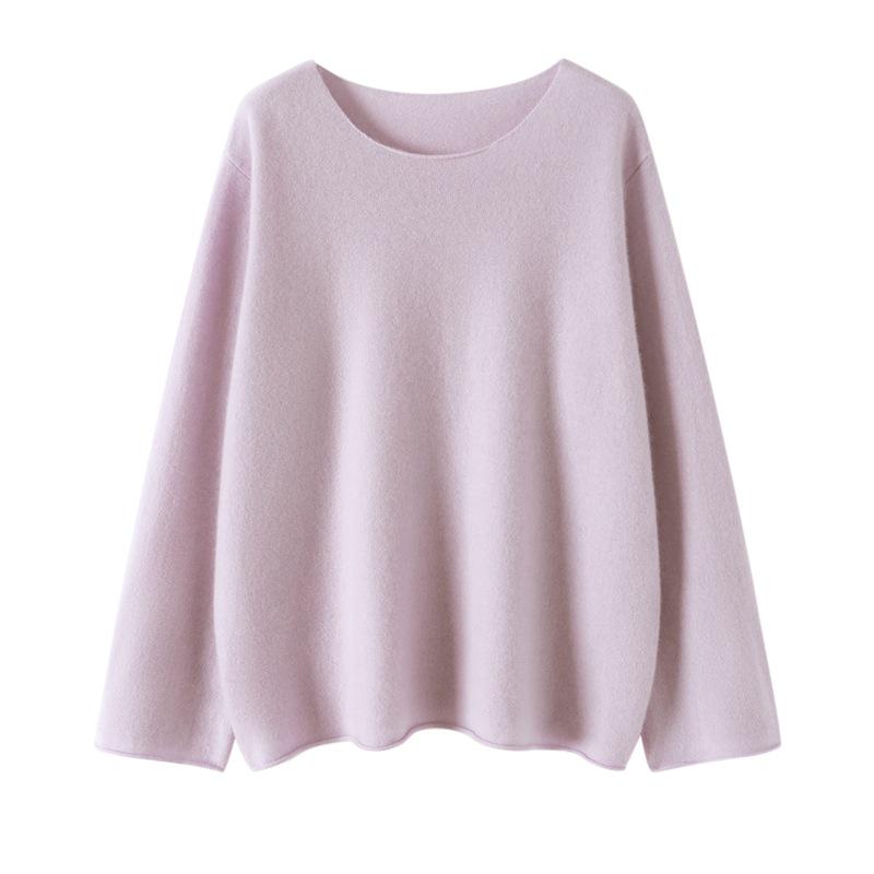 Lekasha Women's Cashmere Rolled Hem Sweater - Autumn/Winter, Twelve-Needle, Round Neck, Widened Sleeves, Loose Fit, Warm Base Layer