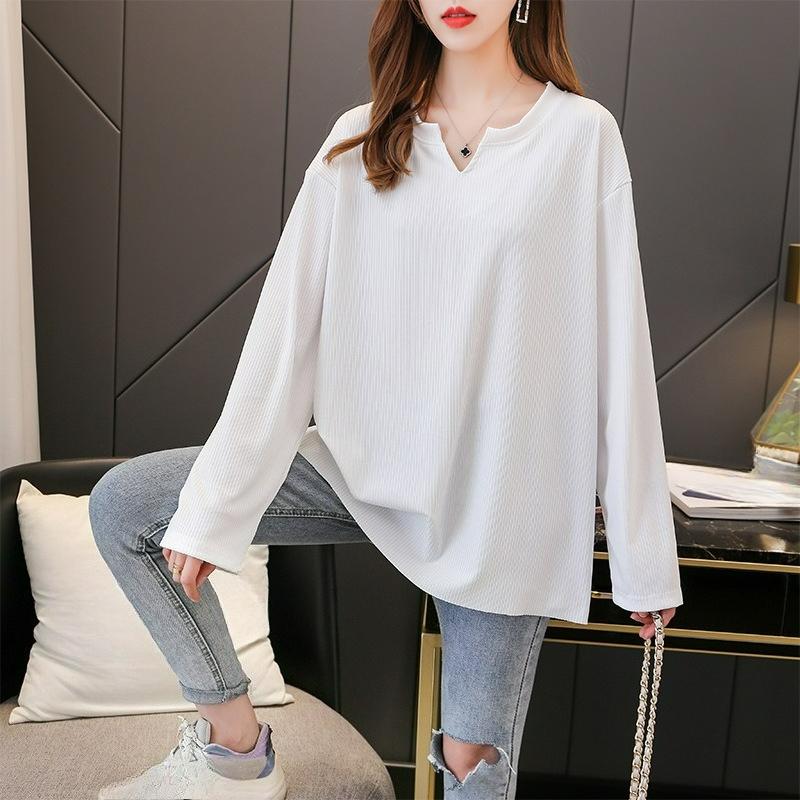 Frühlings- und Sommer-Lässiges Allround-Basics-Shirt, Extra Große Größe, Rippen-T-Shirt, Design-Akzente, V-Ausschnitt, Bauchbedeckend, Dünnes Oberteil, Damen