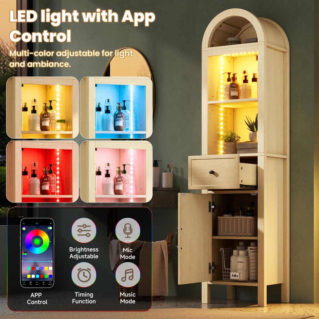 Tall Freestanding Bathroom Cabinet, Arched Top, LED, Reversible Door, Drawer, Magnetic Closure, Soft-Close Hinges, 40×30×163 Cm, Natural Wood Color