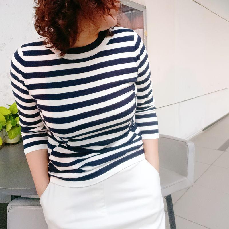 

Хлопковая пряжа, омолаживающая, футболка со средним рукавом, полосатый свитер Navy blue Stripes M
