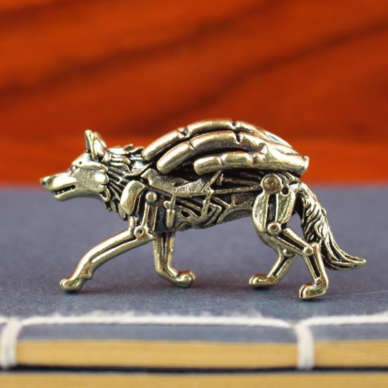 Saf Pirinç Kurt Heykeli Masaüstü Süsü Çay Seti, Vintage Bronz Hayvan Figürü Minyatür Dekorasyon