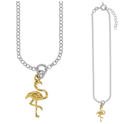 [Q9389] - Handcrafted Silver Anklet 'Pink Flamingo' Silver-gold (rhodium-plated) - 26 Cm 15x10 Mm