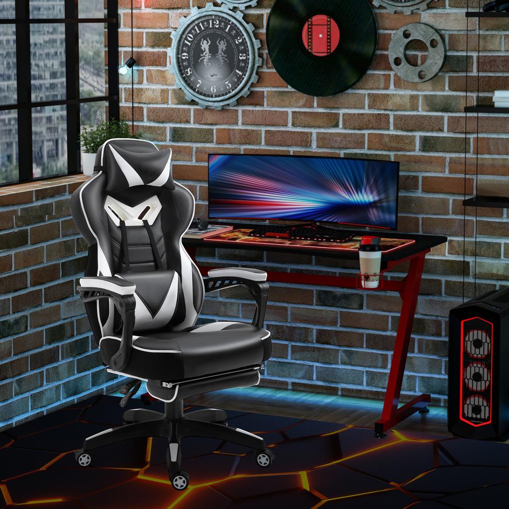 Ergonomic Gaming Chair Comfortable Office Chair With Footrest Headrest And Lumbar Cushion Adjustable Height Black And