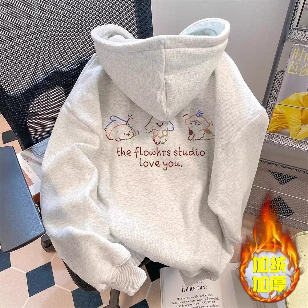 American retro cartoon printing heavy hooded sweater for men and women autumn and winter new casual loose velvet thickened top