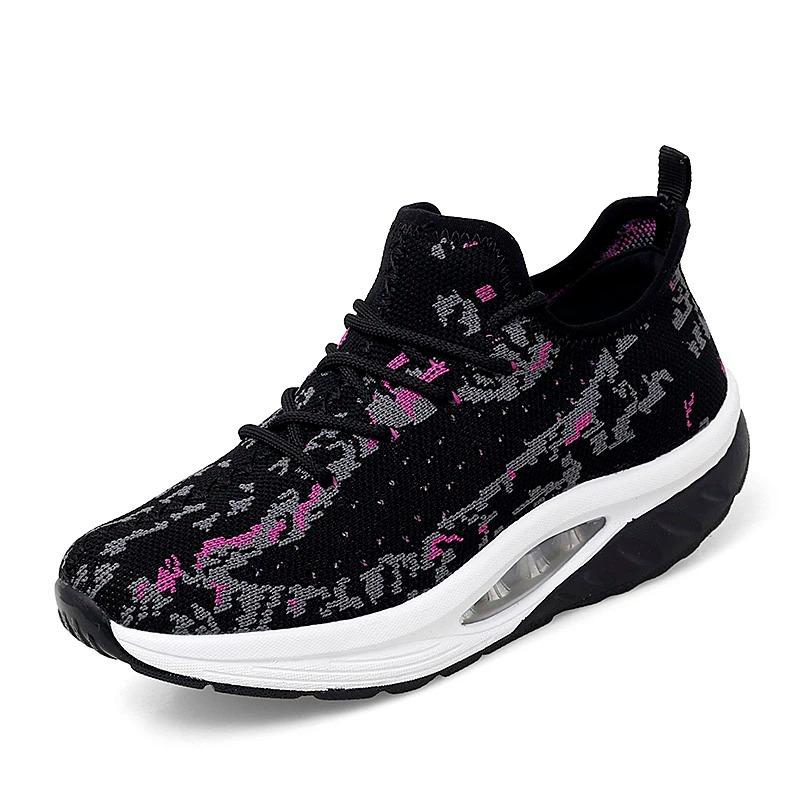 Brand Women Sport Shoes Thick Sole Shoes Flying Weave Platform Shoes Ladies Toning Shoes Wedge Sneakers Breathable Rocking Shoes
