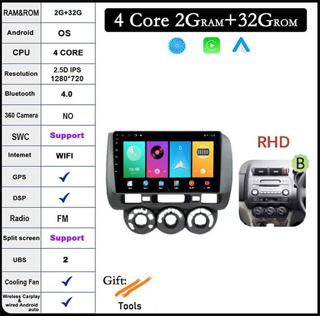 

9-дюймовый IPS QLED для Honda Fit Jazz City 2002-2007 Android 14 автомобильный радиоприемник мультимедиа видеоплеер навигация стерео GPS монитор