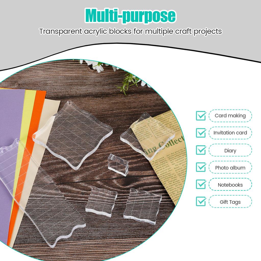 6Pcs Acrylic Stamp Blocks with Grid Lines Clear Stamping Block Reusable Stamp Blocks Smooth Acrylic Stamping Block for DIY Craft