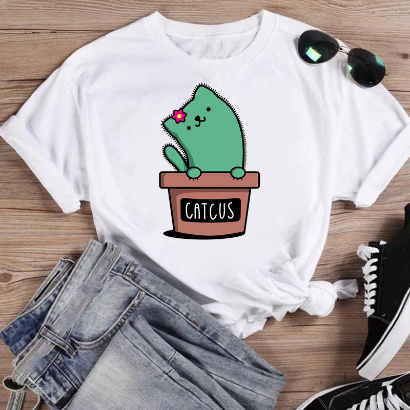 (Asian Size) Short Sleeve Print Cactus Trend Lovely Style Female T Clothing Summer Top Casual Ladies Graphic Tee Women's Fashion T-shirt