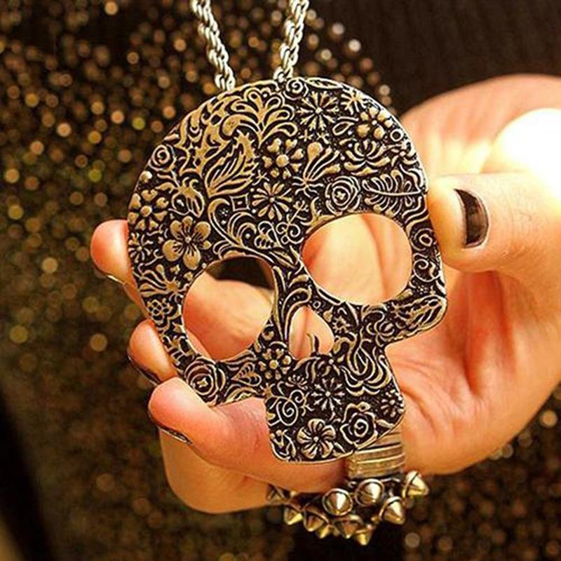 Women's Vintage Gothic Carved Flowers Skull Pendant Chain Necklace Long Sweater Chain Fashion Jewelr