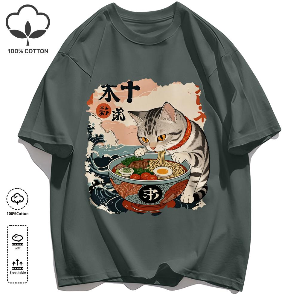 A Cat That Likes To Eat Noodles Print T Shirt Unisex Casual Loose Short Sleeve Summer Soft Clothing O-Neck Unisex Cotton Tee
