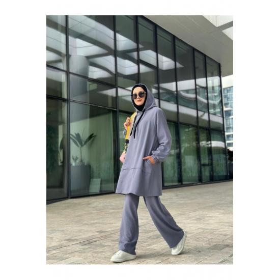 Women's Hooded Zippered Sleeves Elastic Wide Leg Pants Suit