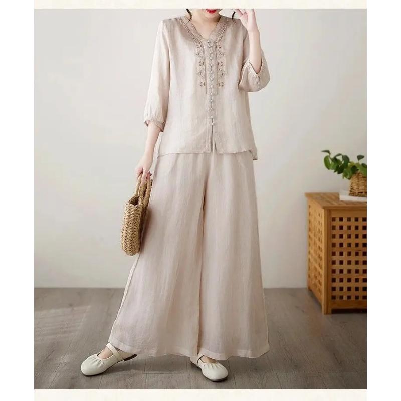 Conjunto de Top de Algodón y Lino de Verano Elegante Juvenil de Media Manga y Pantalones de Pierna Ancha Conjunto Casual Holgado de Dos Piezas Ropa para Mujer