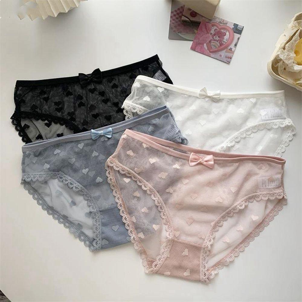 Sweet Sexy Girl Peach Hip Mesh Cotton Crotch Heart Bow Panties Women Intimates Lace Printed Briefs