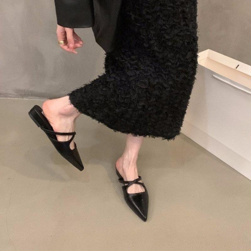 Fashion Women's Sandals Summer 2025 Pointed Toe Ladies Flat Sandals Retro Casual Leather Slides Plus Size 35-40 Mules Female Footwear